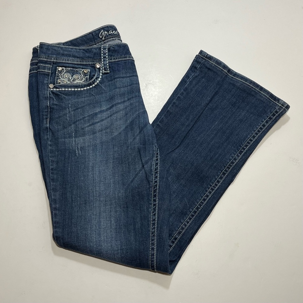 Grace in LA Low Rise Bootcut Rhinestone Jeans, Size 30, Length 29